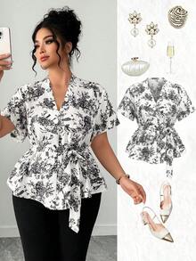 SHEIN Elenzya 大码女式V领印花短袖衬衫，腰部系带设计，春夏度假衬衫 - 彩色 - 查看 3