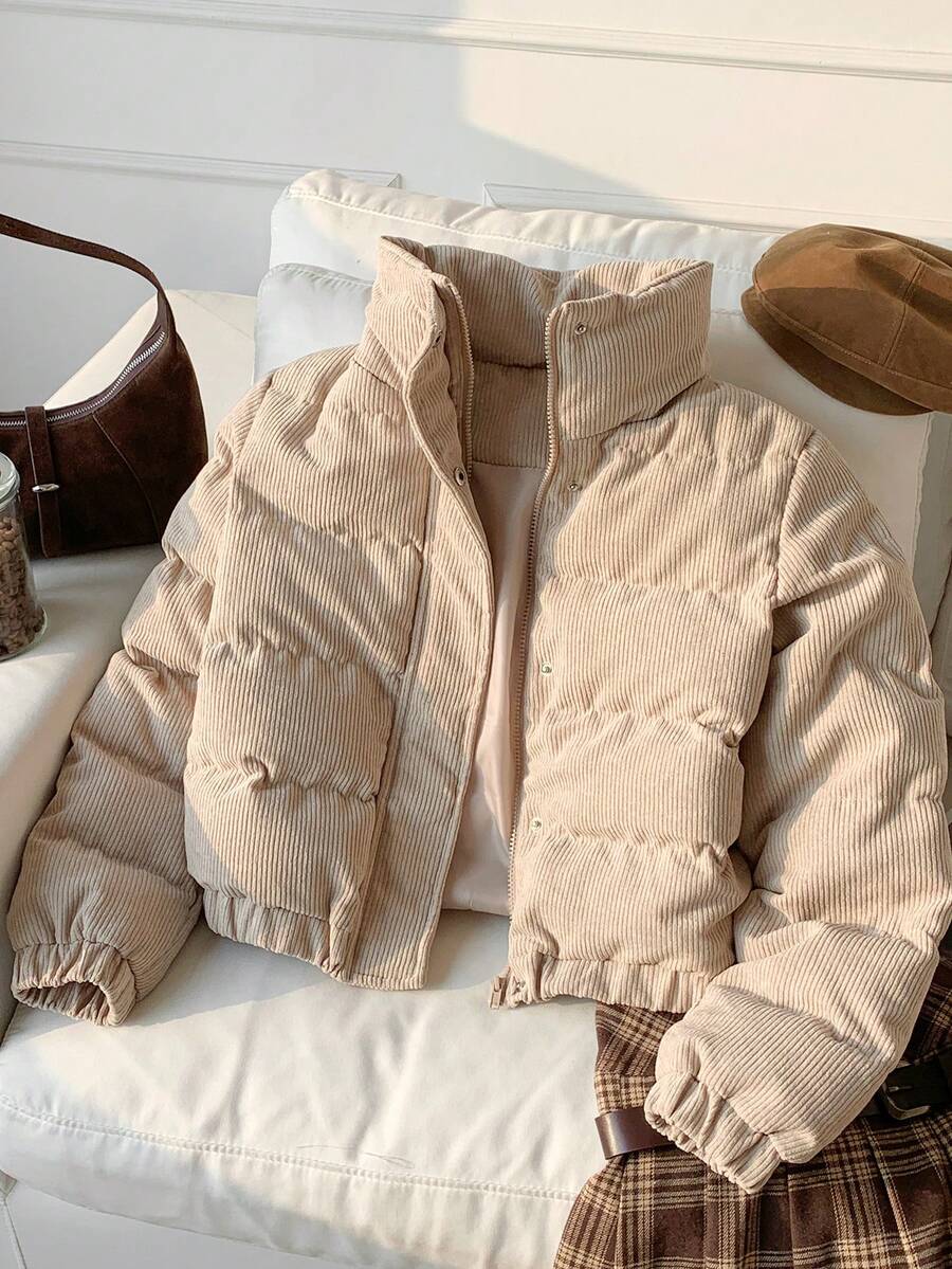 SHEIN EZwear Snap Button Corduroy Padded Coat In Fall/Winter - Khaki - View 1