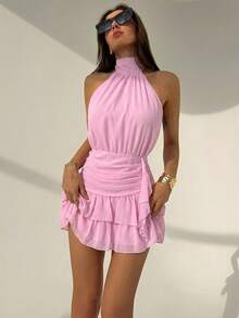 Aloruh Waist Cinched Ruched Hem Flounce Back Tie Mini Dress, Valentine's Day,Pink Dress - Pink - View 8