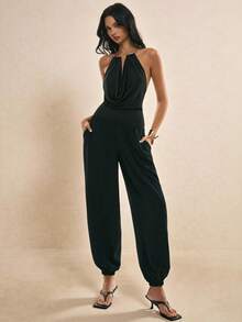 Poéselle 女士纯色简约休闲无袖连体裤 - 黑色 - 查看 5