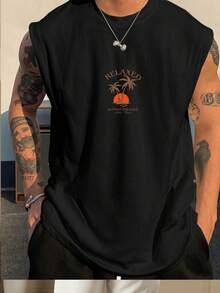 VIVINTIMO Men's Coconut Tree Printed Sleeveless Vacation Style Tank Top Camiseta Streetwearlong T Shirtmen T Shirts Black - Black - View 2