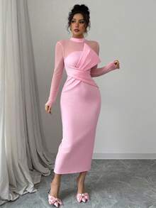 Selianne Đầm midi tay dài lưới thanh lịch màu hồng, đầm dự tiệc xẻ eo - Hồng - Xem 3