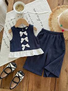 SHEIN LMoss Kids 女宝宝夏季可爱红白格子荷叶边无袖上衣和松紧腰宽松裤套装 - 彩色 - 查看 5