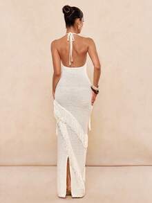 Lumalex Women's Off-White Summer Elegant Turtleneck Bodycon Asymmetrical Fringe Maxi Sweater Dress,Luxury Holiday Vacation Party Graduation Soirées Holiday - Apricot - View 12