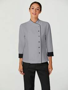 TaskEZ 女士撞色纽扣领长袖工作服厨师外套，七分袖/四分袖 - 灰色 - 查看 5