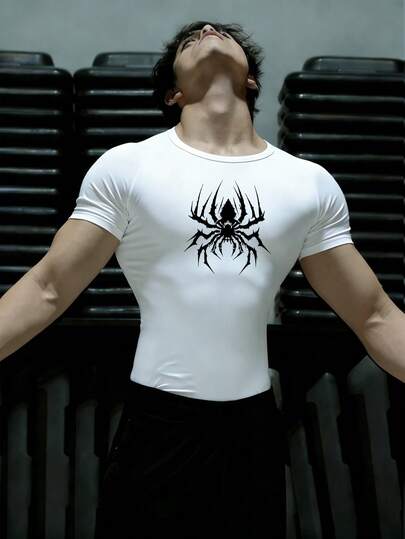 GymBeat Camiseta deportiva de manga corta y cuello redondo con estampado de araña, casual para hombre, de verano