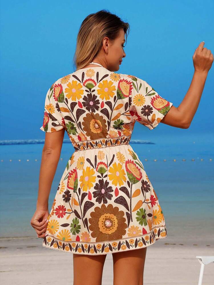 Swim Vcay Women's V-Neck Floral Print Waist Cinched Short Sleeve Casual Beach Vacation Dress With Cover-Up Zanzea Dress Zanzea Dress For Woman Women Dress Yeloow Dress - Yellow - View 2