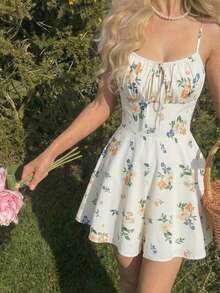 SHEIN MOD Women's Summer Floral Print Front Tie Spaghetti Strap Wide Leg Jumpsuit - Multicolor - View 2