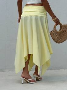 Plaid Midi Skirt With Asymmetric Hem, New Spring/Summer Look For Women, Retro Y2K Style - 鵝黃 - 查看 2