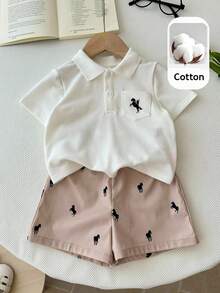 SHEIN LMoss Kids 2pcs Baby Boy Knitted Solid Color Polo Collar Casual Shirt And Shorts Set,Kids - Multicolor - View 1