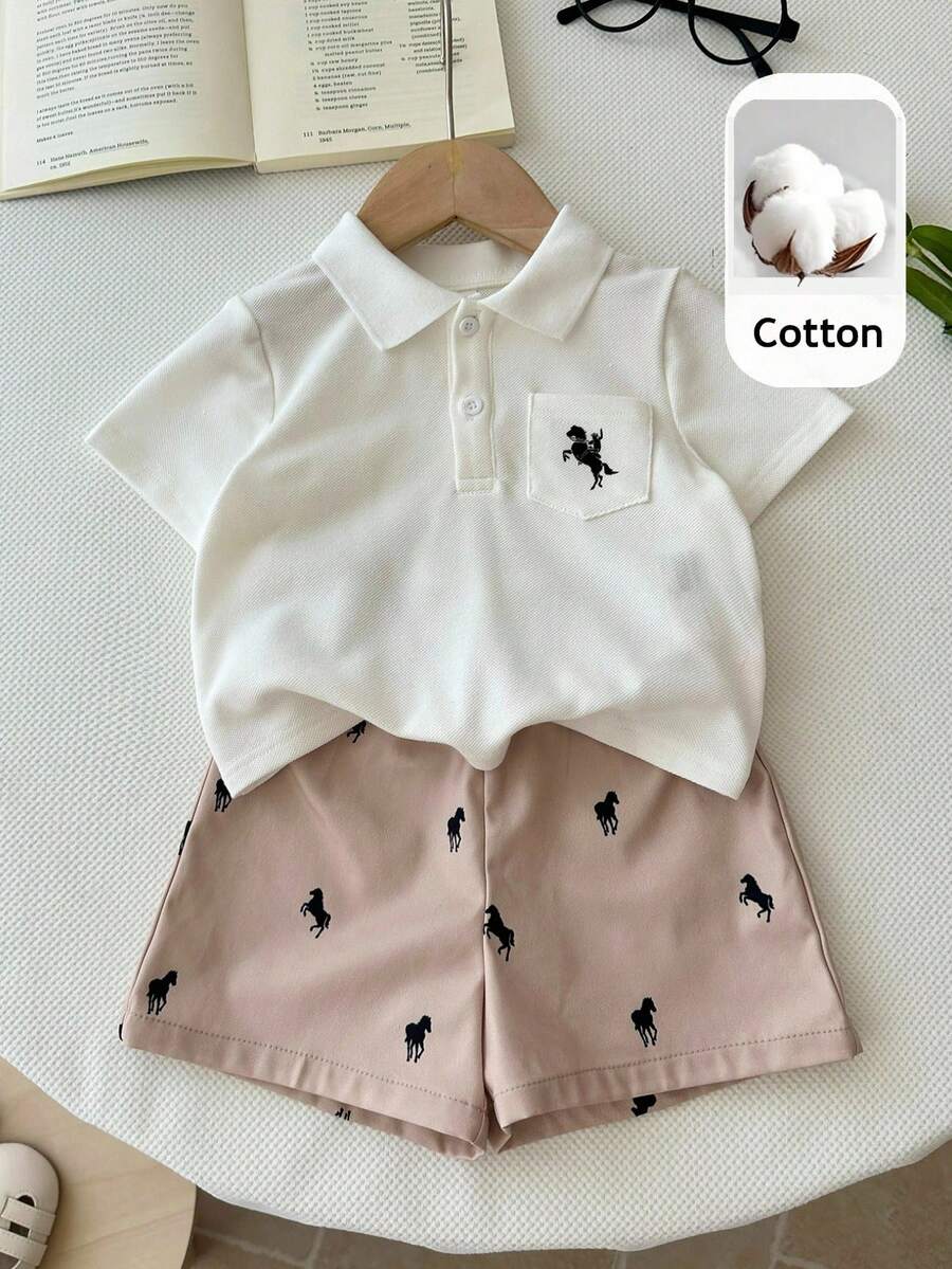 SHEIN LMoss Kids 2pcs Baby Boy Knitted Solid Color Polo Collar Casual Shirt And Shorts Set,Kids - Multicolor - View 1