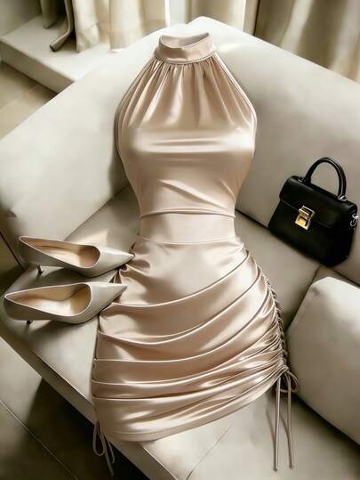 Franclia Women's New Summer Elegant And Sexy Halter Neck Champagne Gold Satin Slim Fit Bodycon Dress With Gathered Sides At The Hem, Waist Tie, Hip-Hugging Short Skirt, Sexy And Hot Girl Style Party Dress. Women's Dresses: Elegant Dresses, Champagne-Colored Dresses, Sexy Dresses, Solid Color Dresses, Women's Wedding Guest Dresses, Graduation Dresses, Women's Elegant Dresses, Women's Casual Dresses, Sparkling Dresses, Shimmering Dresses, Wedding Dresses, Summer Holiday Outfits, Vacation Outfits, Women's Formal Dresses/Evenings, Women's Office Outfits, Apricot Dresses. Suitable For Dates, Banquets, Everyday Wear, Parties, Commutes, Wedding Parties, Daily Commutes, Afternoon Tea, Etc.Graduation Season Attire, Fashionable Casual Commuter Wear, Business Office Wear, Versatile And Stylish Everyday Casual Wear, Urban Teacher's Professional Attire