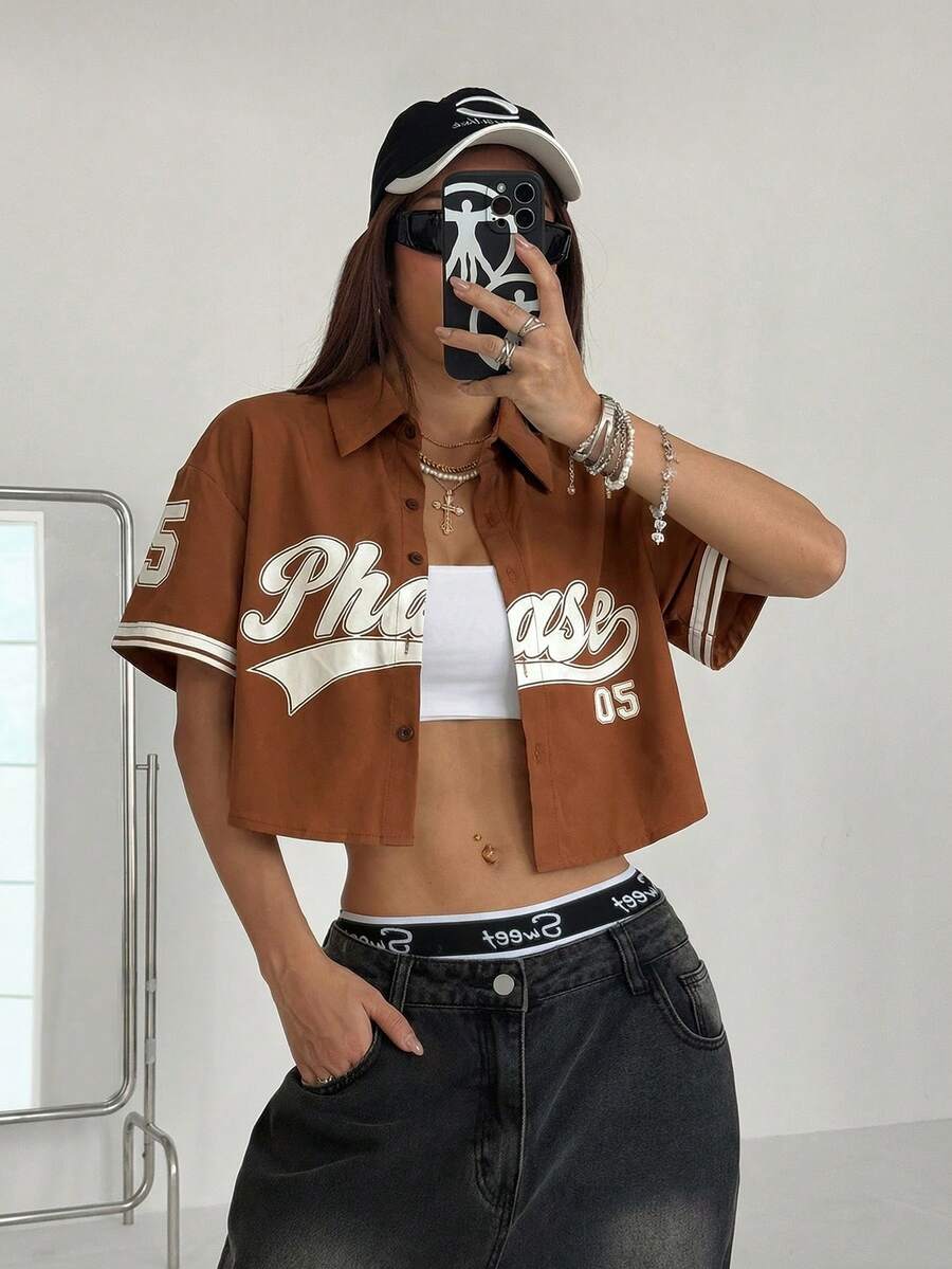 Coolane 女士街头风运动休闲印花短款衬衫 - 棕色 - 查看 1