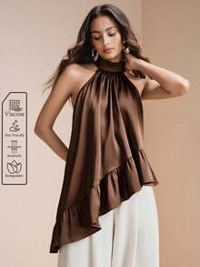 Arave 女士宽松立领无袖不对称荷叶边下摆休闲通勤上衣 - 咖啡棕 - 查看 5