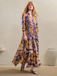 Arave 女士雪纺印花数码印花面料V领七分袖喇叭下摆休闲长裙 - 彩色 - 查看 4