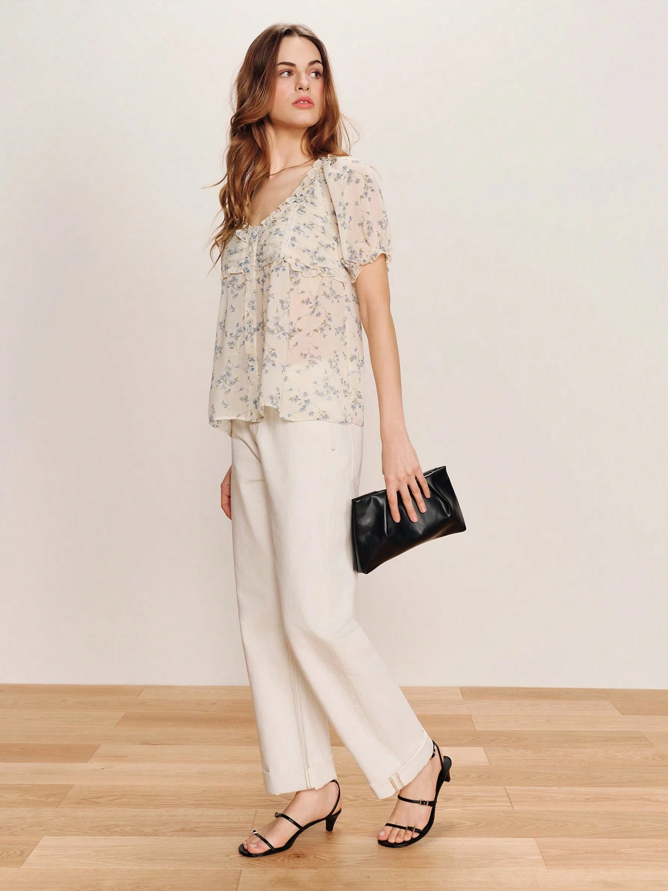 Vintage Romantic Cream Ruffled Button Front Blouse With Blue Floral Print And Lace Details Cute Top Spring Summer French Style Parisian Style Vintage Top Going Out Summer Flower Top Flowy Top French Style Women's Top Elegant Chiffon Blouse New Arrival Women Floral Blouse Spring Summer Floral Top Fleurora Floral Summer Top