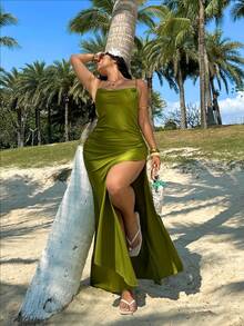 Sunnyshic 2025 European And American Spring/Summer New Arrival Spaghetti Strap Slit Casual Loose Vacation Color Linen Dress - Army Green - View 6
