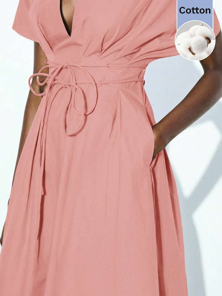 SHEIN Maija Deep V-Neck Sleeveless Waist Cinched Flared Dress For Women