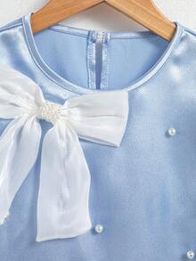 女童甜美仿珍珠串珠花瓣袖连衣裙，夏季 - 藍色 - 查看 5