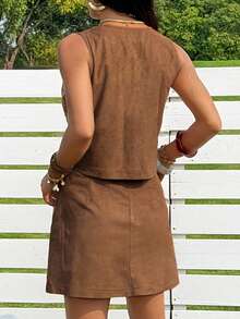 SHEIN EZwear Women's Summer Music Festival Bohemian Floral Embroidery Tie Front Sleeveless Top And Skirt 2-Piece Set - Camel - View 2