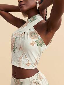 Travachic 女款白色刺繡露背掛脖上衣，夏季波希米亞風花卉度假休閒梭織上衣，適合假期與茶會，優雅西式波希米亞風上衣 - 彩色 - 查看 7
