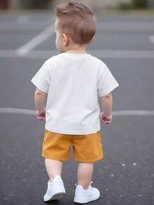 SHEIN 2pcs/Set Baby Boy/Girl White Summer Graphic Beach Outfit,Letter Print Crew Neck Top T-Shirt&Elastic Waist Shorts Set,Casual Sports Streetwear Style - Multicolor - View 2