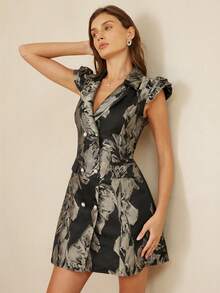 BELROSIE Elegant Sleeveless Black Floral Jacquard Dress,Summer Party French Style Blazer Collar With Double-Row Pearl Button,Lightweight Luxurious Commute - Multicolor - View 5