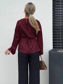 Jeta Ari Women's Casual Commuter Solid Color Cross-Wrap Shirt,Red Top Winter Christmas New Year Burgundy Spring Valentine's Day - Burgundy - View 2