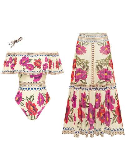 Swim Oasis فستان نسائي أنيق بطراز قديم بياقة منحرفة عن الكتف + تنورة شبكية مطبوعة مكرمشة، للربيع/الصيف