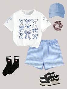 Tween Girls' Digital Polka Dot Bow Decor Short Sleeve Shorts Set, Casual Comfortable Stylish Spring/Summer Outfit, Versatile Design Suitable For Outdoor, Sports, Picnic, Photography, Home, School, Holidays, Gifts,Summer Outfits,Polka Dot Top,Squishy,Summer Sets,Summer Two Piece Set - Multicolor - View 2