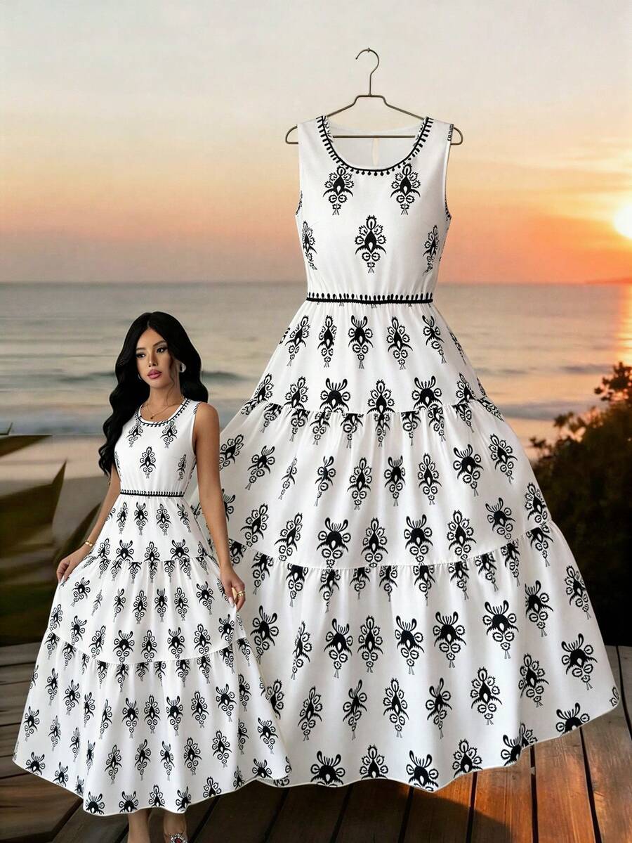 Selianne Damen modisches bedrucktes Kleid mit rundem Ausschnitt, ärmellos, tailliert, romantisch, elegant, Lässig, für Büro, Date, Party, Dinner, Frühling/Sommer - Verschiedenfarbig - Übersicht 1