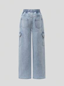 SHEIN Explorewe Girls' Soft Washed Versatile Loose Comfortable Casual Elastic Waist + Drawstring Waist, Side Pockets Design Straight Leg Cargo Jeans, Mid Blue - Medium Wash - View 2