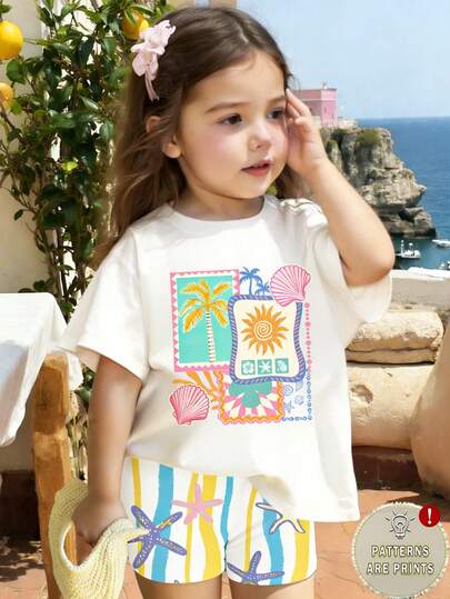 两件套女宝宝度假风清新阳光椰树壳几何印花短袖上衣T恤和彩色海星印花短裤套装，适合夏季户外活动