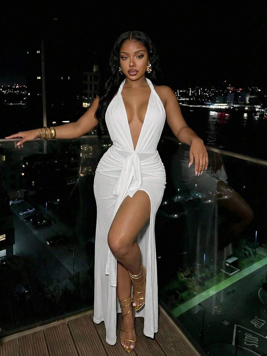Slaydiva Vestido largo elegante, romántico y sexy con detalles anudados, perfecto para vacaciones de primavera/verano, fiestas en la playa, citas, fiestas de cumpleaños, bodas y viajes en yate.