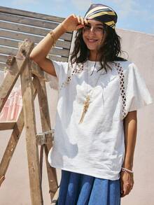 SoleilVie 波西米亚蕾丝边宽松蝙蝠袖T恤，独特设计短袖白色女式T恤，夏季女士衬衫，宽松T恤，肥大T恤 - 白色 - 查看 3