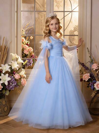 Girls' Blue Maxi Dress With Oversized Skirt, Elegant Piano Recital Gown, Children's Evening Party Dress