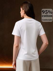 Anewsta 女士圆领字母和爱心水钻图案休闲百搭日常短袖T恤 - 白色 - 查看 2