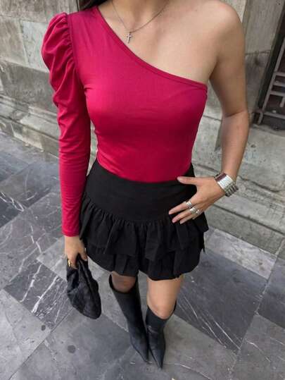 Body/Camiseta de mujer de verano con manga larga, unicolor, escote en un hombro, estilo informal tipo envolvente, hombro descubierto ligera Hombro con Manga Bombacha – Elegancia