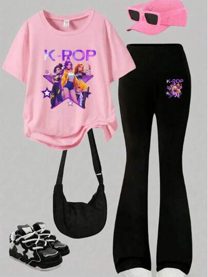 Sparklyn Tween Girl 2pcs Set - Kpop Inspired T-Shirt With Cute Korean Print, K-Pop Star & Heart Design (Pink Hair Girl & Korean Idol), Casual Comfortable Round Neck Pink Short Sleeve T-Shirt Tops & Black Flare Pants Set