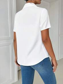 Airaco Blusa blanca de manga corta con bolsillo y ajuste ceñido, de estilo casual con cuello - Blanco - Ver 2