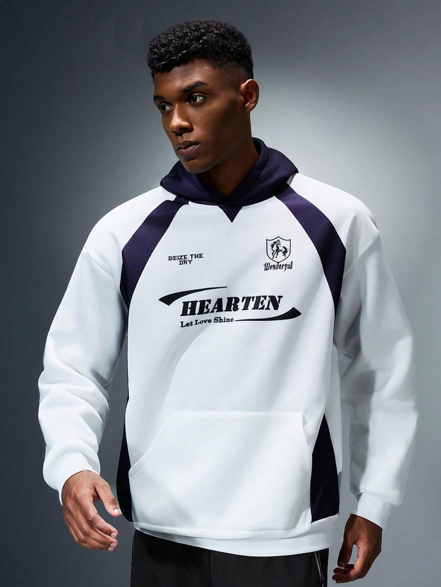 Acti Log Men's Letter Print Contrast Color Hooded Long Sleeve Sweatshirt - White - View 1