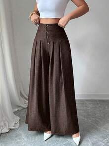 SHEIN Elenzya Women's Fashionable Loose Pleated Wide Leg Pants - Coffee Brown - View 4
