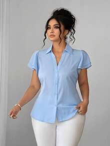 Elenzga Plus Size Women Elegant Minimalist Lace Patchwork Turndown Collar Blouse, Suitable For Commuting, Daily Wear, Dating, Party - Blue - View 8