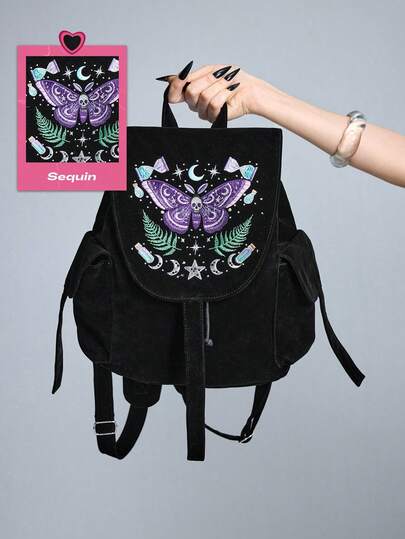 ROMWE Flower Type: 1702008 High Quality Embroidered Thread Skull Moth Leaf Star Moon Mushroom Pattern Backpack Dark Goth Backpack