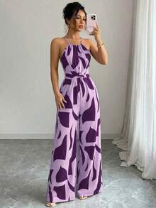 Elenzga Mono de mujer con cintura ceñida y estampado de tela, elegante para vacaciones y uso diario - Morado - Ver 5