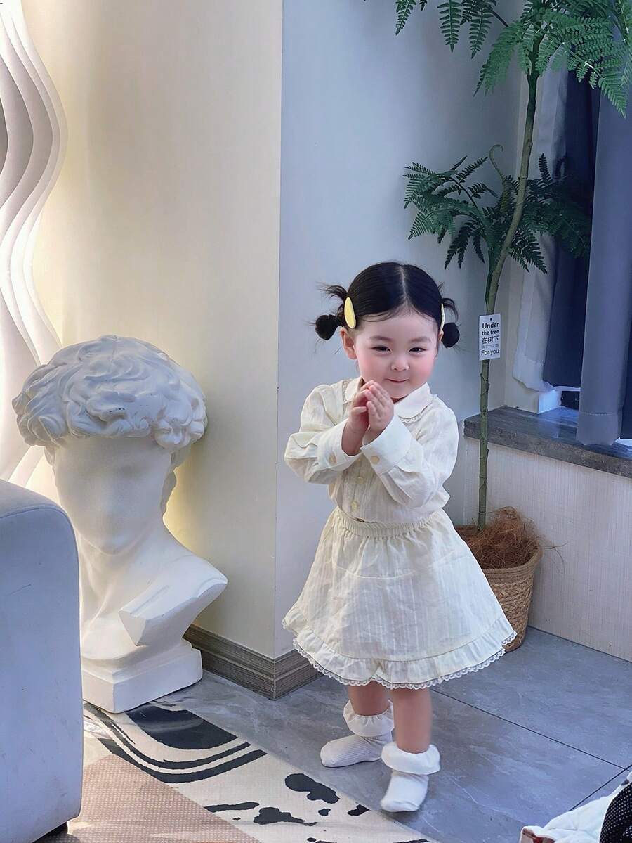 DAZY Infant/Toddler Girls' Korean Style Ruffled Collar Fresh Long Sleeve Shirt Set - White - View 1