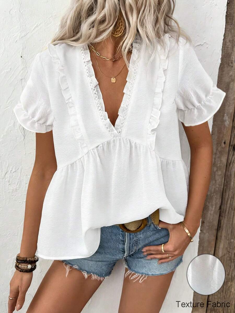 EMERY ROSE Women's Casual Vacation Textured V-Neck Ruffle Splice Petal Sleeve Blouse, Spring/Summer - White - View 1