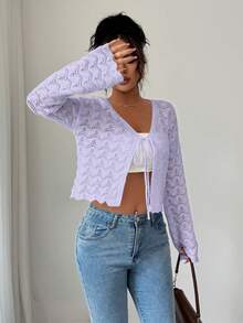 Elenzga Women's Elegant Tie-Front Hollow Out Cardigan - Mauve Purple - View 4