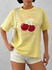 EURMUSE Áo thun nữ dáng rộng in hình quả anh đào – Áo thun tay ngắn chất liệu cotton pha, họa tiết trái cây dễ thương, áo rộng rãi mùa hè, màu vàng tối giản phong cách đường phố, áo nữ thoải mái. - Màu vàng - Xem 4