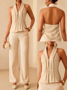 Lyxana Women's Linen-Like Collared Sleeveless Ruched Waist Suit Vest And Casual Pants Set - Apricot - View 5